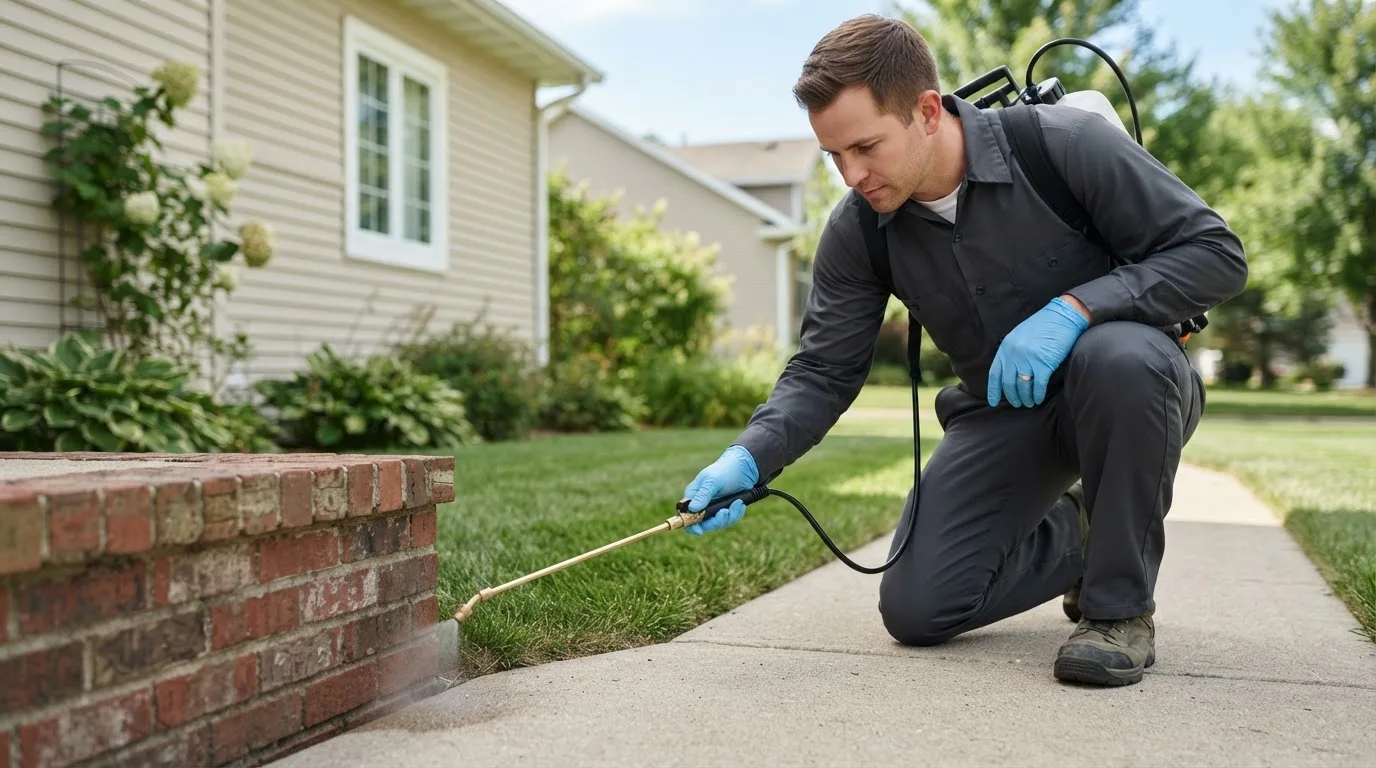 Pest control technician treating a home near Waynesville, NC