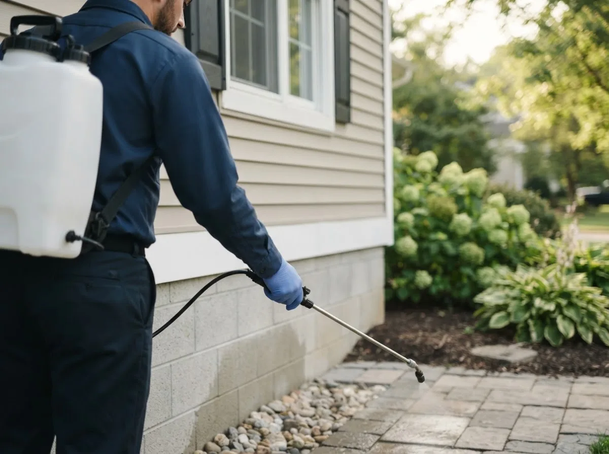 Pest control technician inspecting a home in Waynesville, NC